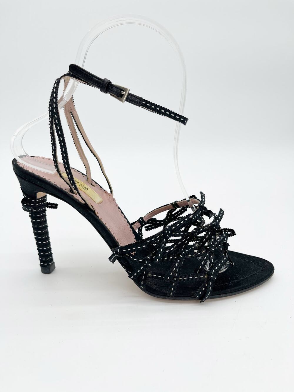 Prada Vintage Retro Black Satin Grosgrain Bow Ankle Strap Sandals Heels IT 36